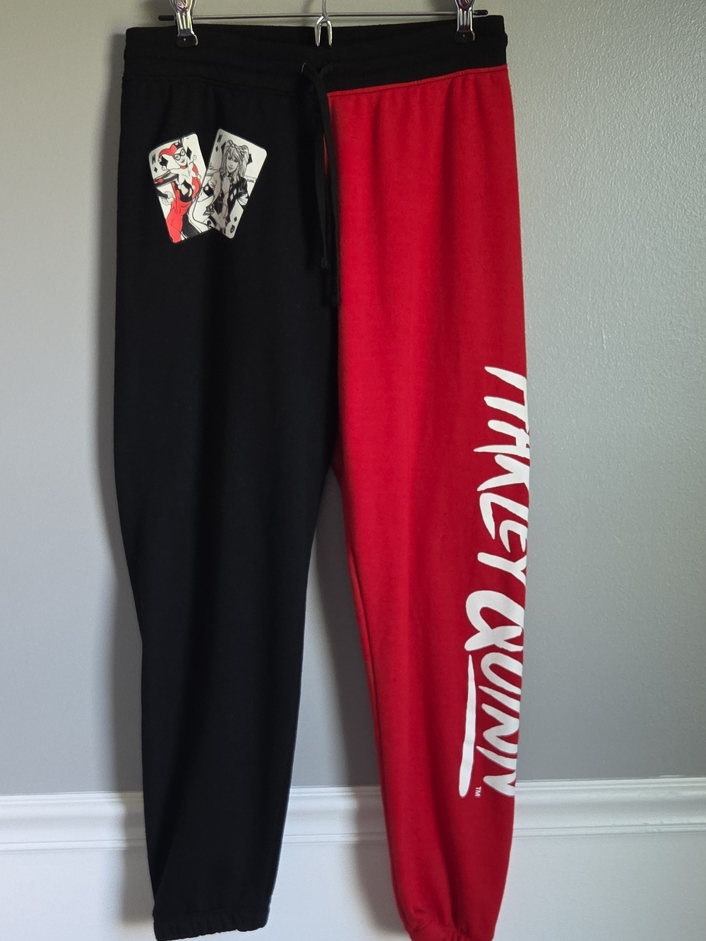 Harley Quinn Colorblock Black & Red Fleece Sweatpant Joggers L Drawstring 28"